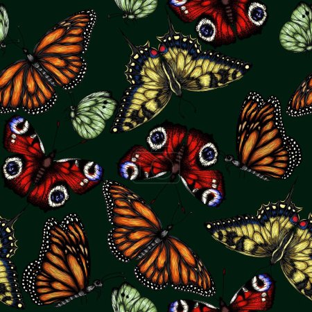 Téléchargez les illustrations : Modèle vectoriel sans couture avec des insectes. Papillon monarque, Papillon paon, Papillon hirondelle, Pieridae en gravure - en licence libre de droit