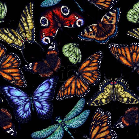 Téléchargez les illustrations : Modèle vectoriel sans couture avec des insectes. Monarque papillon, papillon ruche, paon papillon, papillon hirondelle, pieridae, papillons amiral, podalirius, papilio, libellule - en licence libre de droit