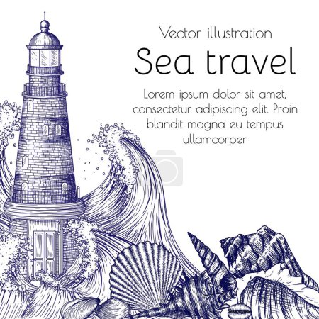  Vektor-Illustration eines gemauerten Leuchtturms in stürmischer See und Muscheln im Stile einer Gravur