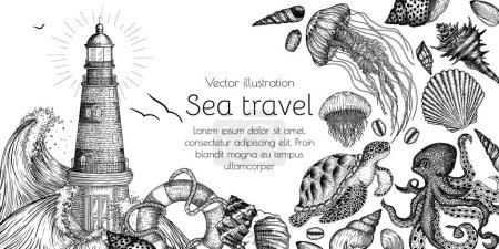 Vector nautical frame in engraving style. Lighthouse surrounded by waves, lifebuoy, shells, octopus, sea turtle, jellyfish