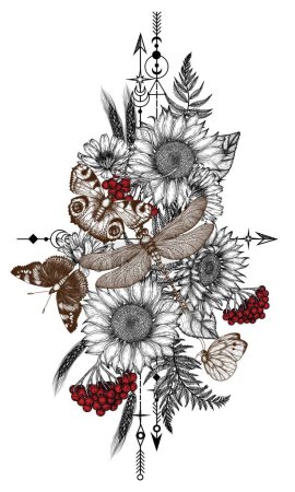  Vector illustration of butterflies, plants, flowers, berries in engraving style
