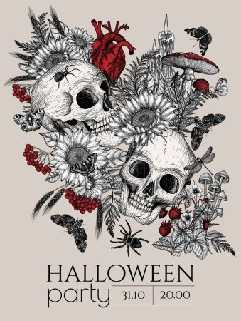  Vector template for Halloween invitation. Skull, heart, mushrooms, butterflies, candles, flowers, spiders in engraving style