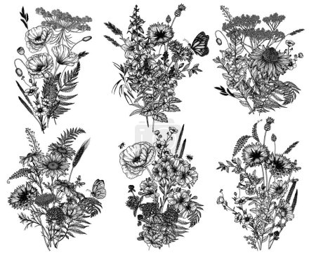 Illustration for Vector set of 6 bouquets of wild flowers and plants. Chamomile, clover, chicory, poppy, cornflower, bells, periwinkle, buttercup, St. John's wort, fern, veronica, butterflies, bees in engraving style - Royalty Free Image