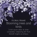 Vector spring illustration in engraving style. Two nightingales on a forsythia branch and flowering trees. Magnolia, mimosa, cherry blossom, lilac, wisteria