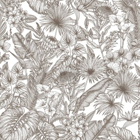  Vector seamless pattern tropical garden in engraving style. Anthurium, aralia, protea, palm and banana leaves, orchid, liviston, frieze, sabal, plumeria, zantedeschia, monstera, strelitzia