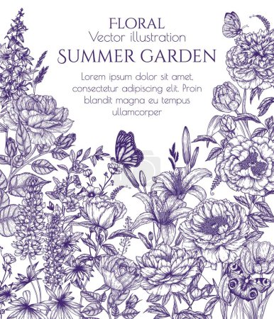 Illustration for Vector frame summer garden in engraving style. Rose, lily, lupine, bluebells, tulip, peony, periwinkle, buttercups, butterflies - Royalty Free Image