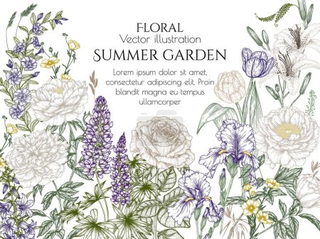 Illustration for Vector frame summer garden in engraving style. Rose, lily, lupine, bluebells, tulip, peony, periwinkle, buttercups, irises, veronica - Royalty Free Image