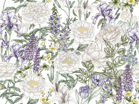 Illustration for Vector seamless pattern garden in engraving style. Rose, lily, lupine, bluebells, tulip, peony, periwinkle, buttercups, irises, veronica - Royalty Free Image