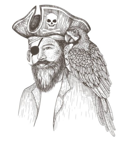 Illustration for Vector illustration of a pirate in a hat, bandana and eyepatch with a macaw parrot on his shoulder in the style of engraving - Royalty Free Image
