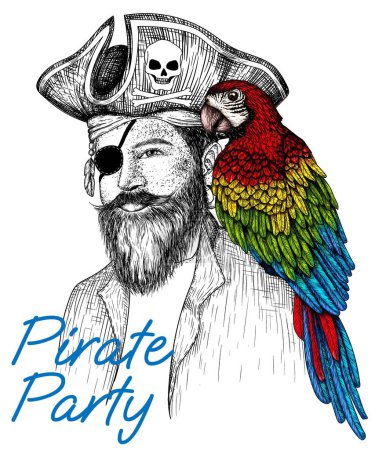 Illustration for Vector illustration of a bearded pirate in a hat, bandana and eyepatch with a colorful macaw parrot on his shoulder in the style of engraving - Royalty Free Image