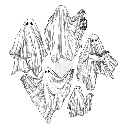 Illustration for Vector set of 5 different ghosts in engraving style. Ghost with a book, ghost with a lamp, ghost cat - Royalty Free Image