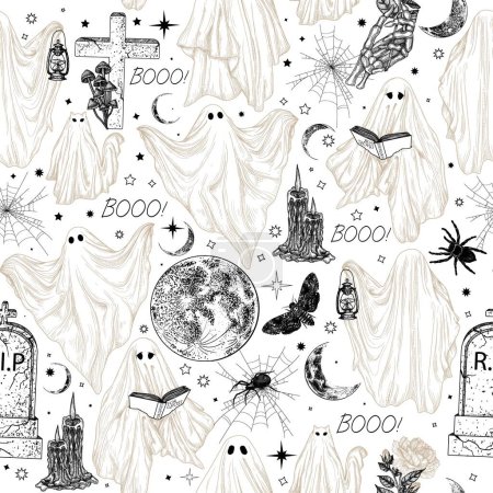  Seamless vector mystical pattern. Ghosts, moon, candles, insects in engraving style