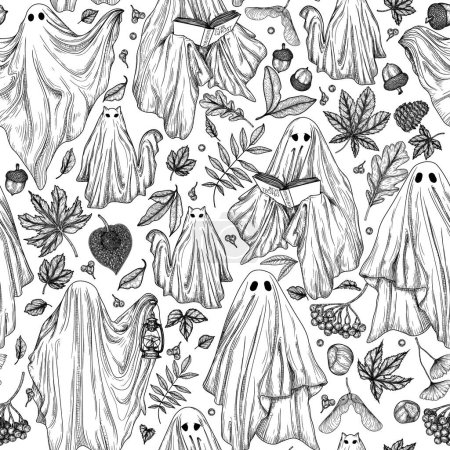 Seamless pattern ghosts surrounded by fallen autumn leaves in engraving style