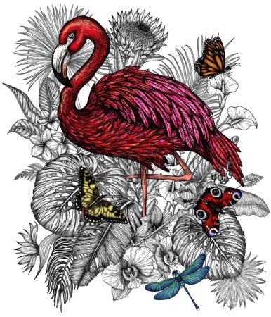 Illustration for Vector illustration of a flamingos bird in a tropical garden with butterflies in an engraving style. Anthurium, palm and banana leaves, liviston, plumeria, zantedeschia, monstera, strelitzia - Royalty Free Image