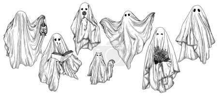 Illustration for Vector set of 7 different ghosts in engraving style. Ghost with a book, with a lamp, with a bouquet, with a candy, ghost cat - Royalty Free Image