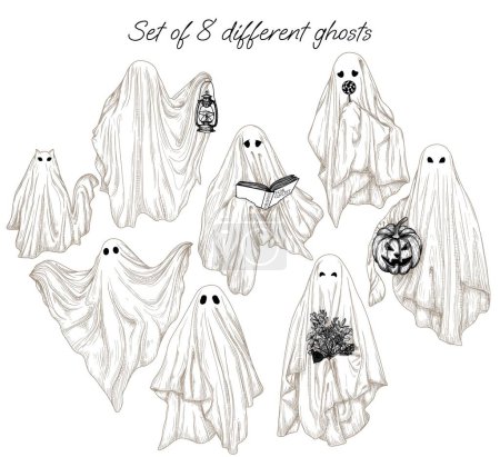 Illustration for Vector set of 8 different ghosts in engraving style. Ghost with a book, with a lamp, with a bouquet, with a candy, with halloween pumpkin, ghost cat - Royalty Free Image
