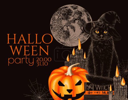   Halloween invitation vector template in black and orange colors. A black cat in a hat sits on books, a carved pumpkin, candles and a full moon