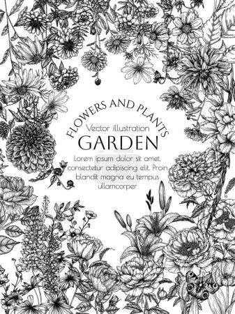Illustration for Vector frame garden in engraving style. Rose, lily, lupine, bluebells, tulip, peony, periwinkle, buttercups, butterflies, dahlia, cosmos, zinnia, marigold, calendula, rudbeckia, gladiolus - Royalty Free Image