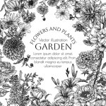 Vector frame garden in engraving style. Rose, lily, lupine, bluebells, tulip, peony, periwinkle, buttercups, butterflies, dahlia, cosmos, zinnia, marigold, calendula, rudbeckia, gladiolus