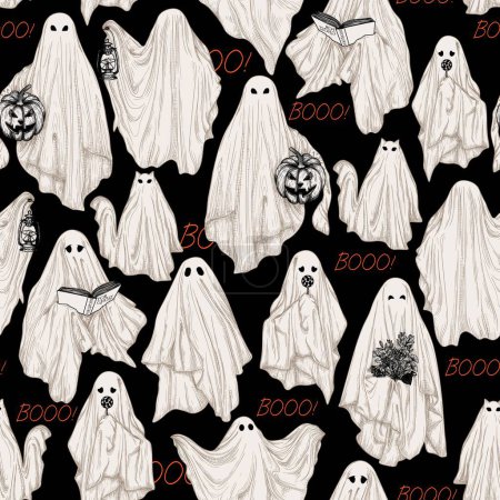 Illustration for Vector seamless pattern with different ghosts in engraving style - Royalty Free Image