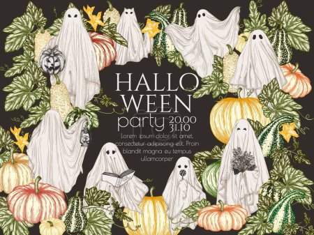 Illustration for Vector Halloween invitation template with various ghosts in the pumpkin garden in engraving style. Ghost with a book, with a lamp, with a bouquet, with a candy, with a Halloween pumpkin, a ghost cat - Royalty Free Image