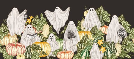 Illustration for Vector horizontal seamless pattern with various ghosts in a pumpkin garden in engraving style. Ghost with a book, with a lamp, with a bouquet, with a candy, with a Halloween pumpkin, a ghost cat - Royalty Free Image