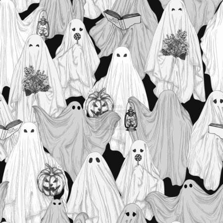Illustration for Vector seamless pattern with different ghosts in engraving style - Royalty Free Image