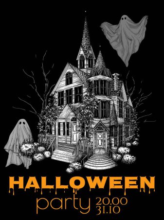Illustration for Vector illustration of a haunted house and ghosts in engraving style - Royalty Free Image