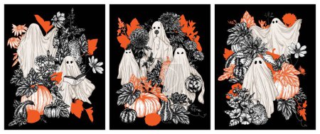 Illustration for Set of 3 vector Halloween posters in engraving style with ghosts surrounded by autumn flowers and pumpkins - Royalty Free Image