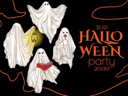 Illustration for Halloween party invitation vector template. Set four different ghosts - Royalty Free Image