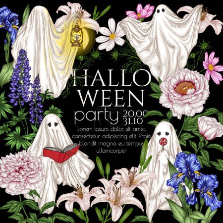 Illustration for Vector template of halloween invitation with different ghosts in flowers - Royalty Free Image