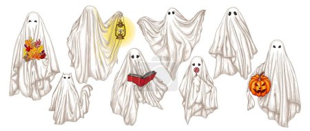 Illustration for Vector set of 8 different ghosts in engraving style. Ghost with a book, with a lamp, with a bouquet, with a candy, with halloween pumpkin, ghost cat - Royalty Free Image