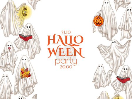 Illustration for Halloween party invitation vector template. Set different ghosts - Royalty Free Image