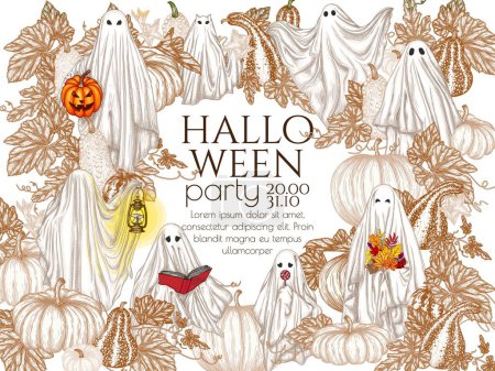 Illustration for Vector Halloween invitation template with various ghosts in the pumpkin garden in engraving style. Ghost with a book, with a lamp, with a bouquet, with a candy, with a Halloween pumpkin, a ghost cat - Royalty Free Image