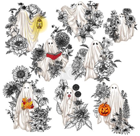 Illustration for Vector set of 8 different ghosts in flowers in engraving style. Ghost with a book, with a lamp, with a bouquet, with a candy, with halloween pumpkin, ghost cat - Royalty Free Image