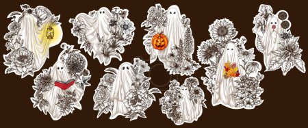 Illustration for Vector sticker set of 8 different ghosts in flowers. Ghost with a book, with a lamp, with a bouquet, with a candy, with halloween pumpkin, ghost cat - Royalty Free Image