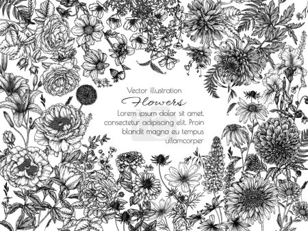 Illustration for Vector floral frame. Peony, rose, iris, lupina, lily, calendula, rudbeckia, chrysanthemum, zinnia, cosmos, California poppy, dahlia, gerbera in engraving style - Royalty Free Image