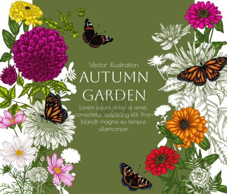 Téléchargez les illustrations : Cadre vectoriel du jardin d'automne. Dahlia, cosmos, zinnia et papillons en style gravure - en licence libre de droit
