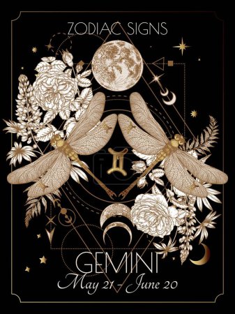 Illustration for Vector illustration of zodiac signs in flowers. Gemini dragonflies in black and gold colors in engraving style - Royalty Free Image