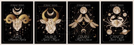 Illustration for Vector set of the 4 first zodiac signs. Gold on a black background. Aries, Taurus, Gemini, Cancer - Royalty Free Image
