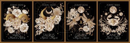 Illustration for Vector set of the 4 first zodiac signs in flowers. Gold on a black background. Aries, Taurus, Gemini, Cancer - Royalty Free Image