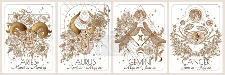 Illustration for Vector set of the 4 first zodiac signs in flowers. Gold on a white background. Aries, Taurus, Gemini, Cancer - Royalty Free Image