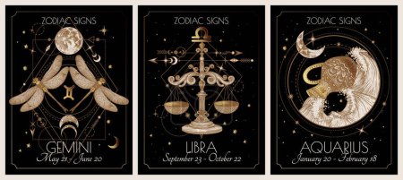 Illustration for Vector illustration of zodiac signs card. Air signs: Gemini, Libra and Aquarius. Gold on a black background in engraving style - Royalty Free Image