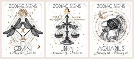 Illustration for Vector illustration of zodiac signs card. Air signs: Gemini, Libra and Aquarius. Gold on a white background in engraving style - Royalty Free Image