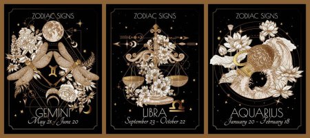Illustration for Vector illustration of zodiac in flowers signs card. Air signs: Gemini, Libra and Aquarius. Gold on a black background in engraving style - Royalty Free Image