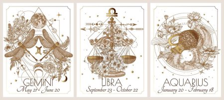 Illustration for Vector illustration of zodiac in flowers signs card. Air signs: Gemini, Libra and Aquarius. Gold on a white background in engraving style - Royalty Free Image