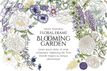 Illustration for Vector frame of violet-beige flowers. Peonies, roses, tulips, dahlias, bells, cornflowers, irises, lupins, periwinkle, cosmos - Royalty Free Image