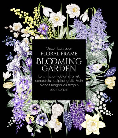 Illustration for Vector frame of spring flowers and flowering trees. Snowdrops, crocuses, brunnera, tulips, muscari, hyacinths, irises, daffodil, pansies, lily of the valley, lilac, mimosa, wisteria - Royalty Free Image