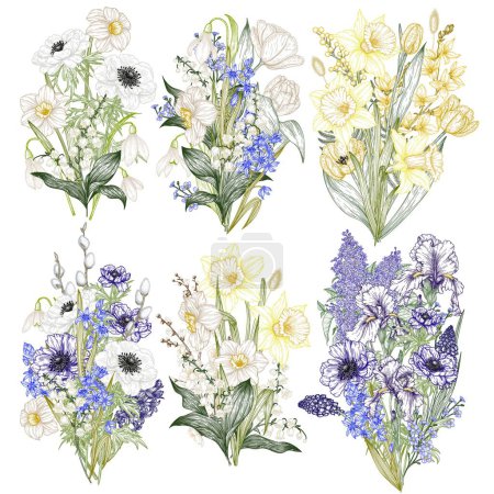  Vector set of 6 bouquets of spring flowers. Snowdrops, crocuses, brunnera, tulips, muscari, hyacinths, irises, daffodil, pansies, lily of the valley, anemone, scilla 