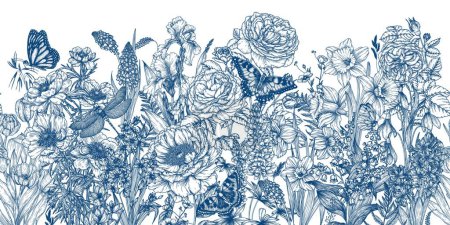  Patrón vectorial horizontal sin costuras del jardín en flor. Gotas de nieve, azafrán, brunnera, tulipanes, muscari, jacintos, iris, narcisos, margaritas, lirio del valle, anémona, scilla, rosas, peonías, altramuces